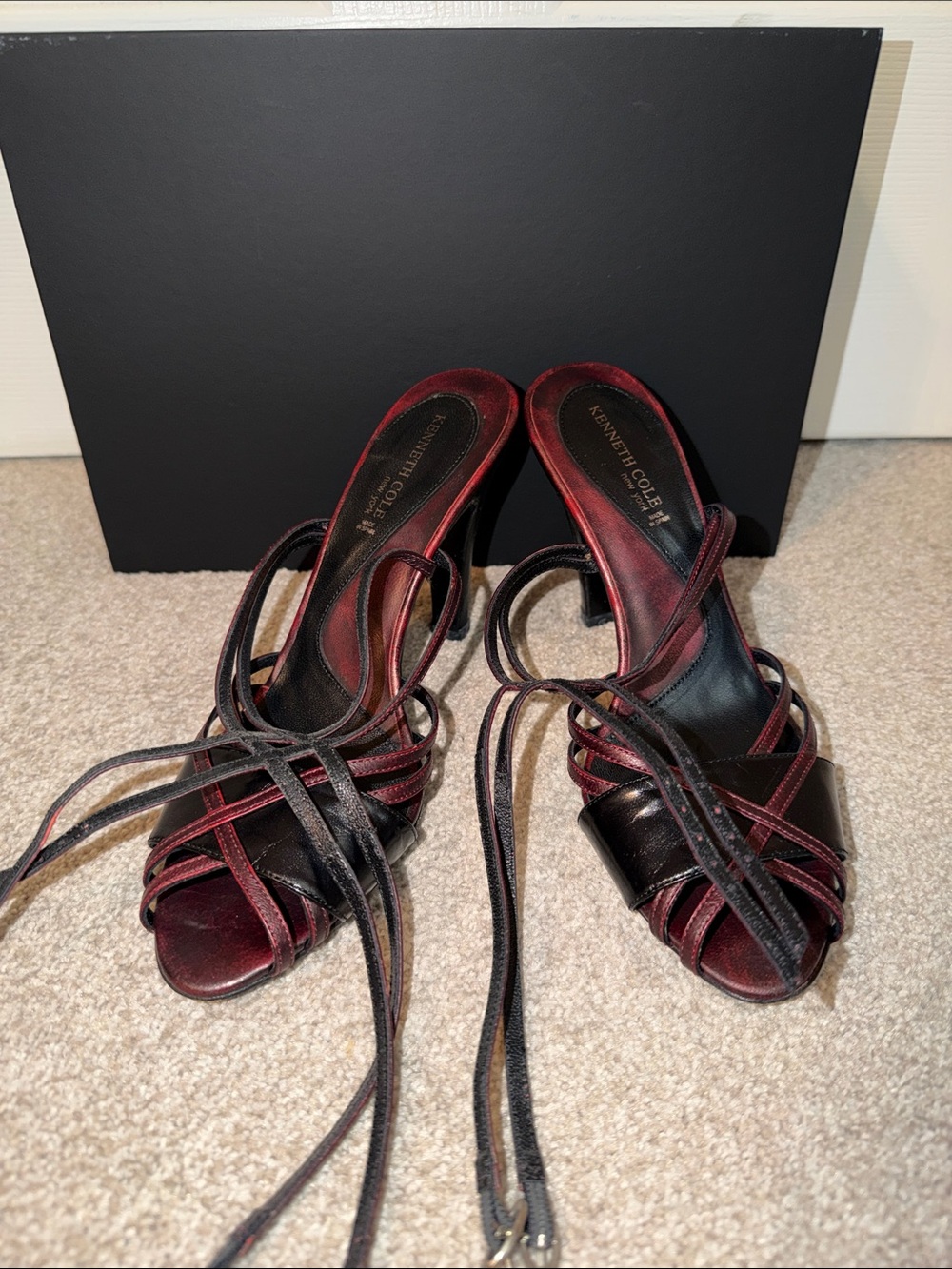 Kenneth Cole Burgundy and Black Strappy Lace-Up Heels